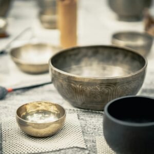 stainless steel bowl on white table cloth
